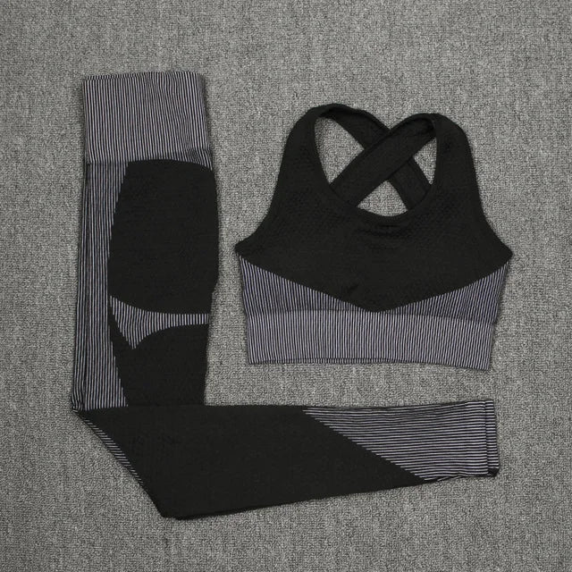 New  Spring Autumn Set Reticulate Stretch Fitness Seamless  Sportswear Suit For Women