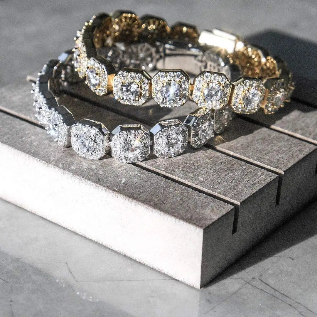 18k Gold Plated Cluster Cubic Zirconia Tennis Chain Bracelet 12mm Iced Out Bling Large Cz Charm Hip Hop Jewelry Gifts NYB015