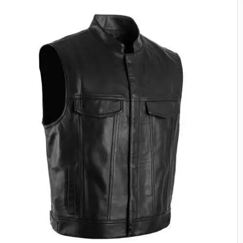 Son of Chaos in Motorcycle Style: Harley Motorcycle PU Leather Embroidered Vest Kam Shoulder Punk Fashion Leather Coat for Men