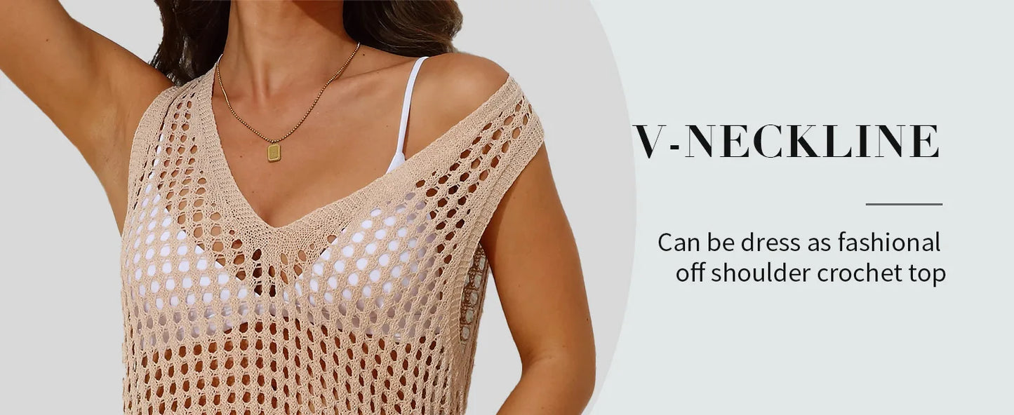 Anfilia Women Beach Cover Up Crochet Sexy Deep V-Neck Side Slit Sleevesless Hollow Out Dress Knitted Fashion Cover Up
