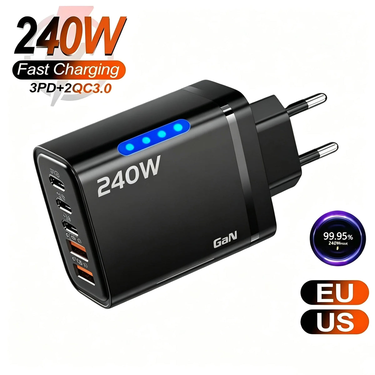 5 in 1 GaN Desktop Charger 240W Fast Charging Adapter 10A USB To Type C Cable 3PD 2 USB Charger For iPhone Samsung Xiaomi