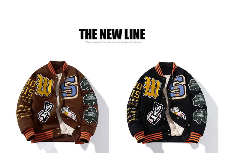Embroidery Varsity Jacket Men Women Letter Winter American Baseball Jacket Hip Hop Woolen Coat Thick Warm Outwear Parkas Brown