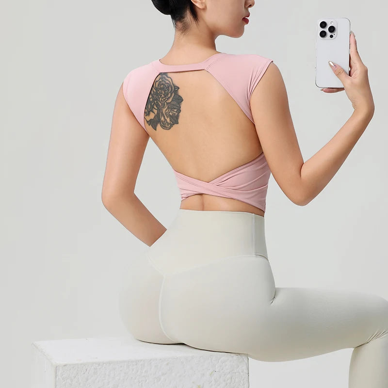 Women's Backless Fitness Clothes with Fixed Chest Pad Beautiful Top Short Sleeve Dance Sport  T-Shirt Yoga Wear