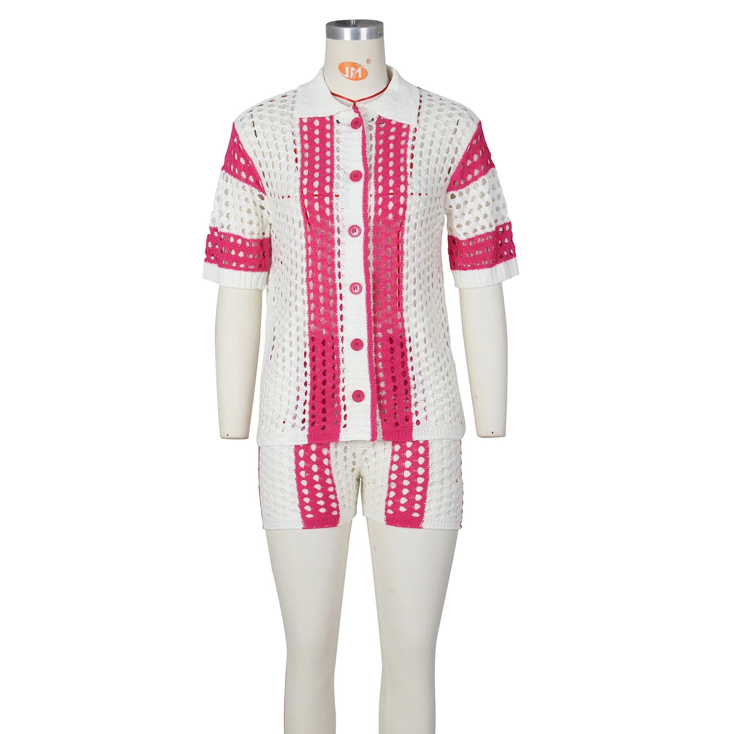 Women's Two Pieces Set Knit Ribbed Crochet Patchwork Outfits Short Sleeve Shirt Sweater Short Suit  Two Set Outfit Tracksuit