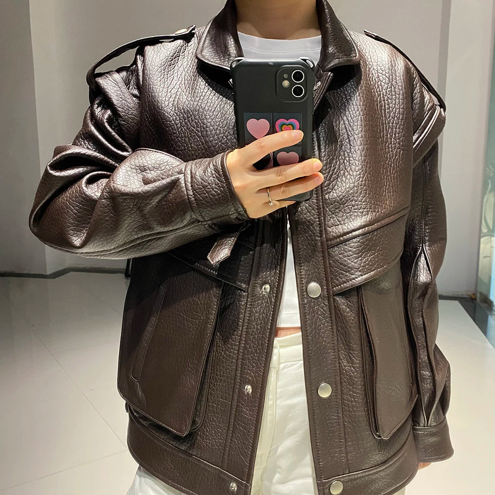 YOLOAgain 2024 Spring Vintage Real Leather Jacket Women High Quality Oversized Biker Jacket Ladies