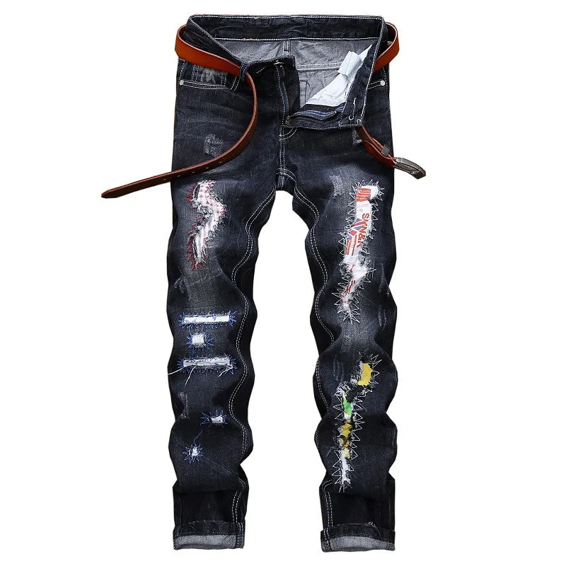 High Quality Men Casual Black Jeans Paint Slim Straight Hole Biker Jeans Autumn Jean Homme Male Denim Pants Plus Size