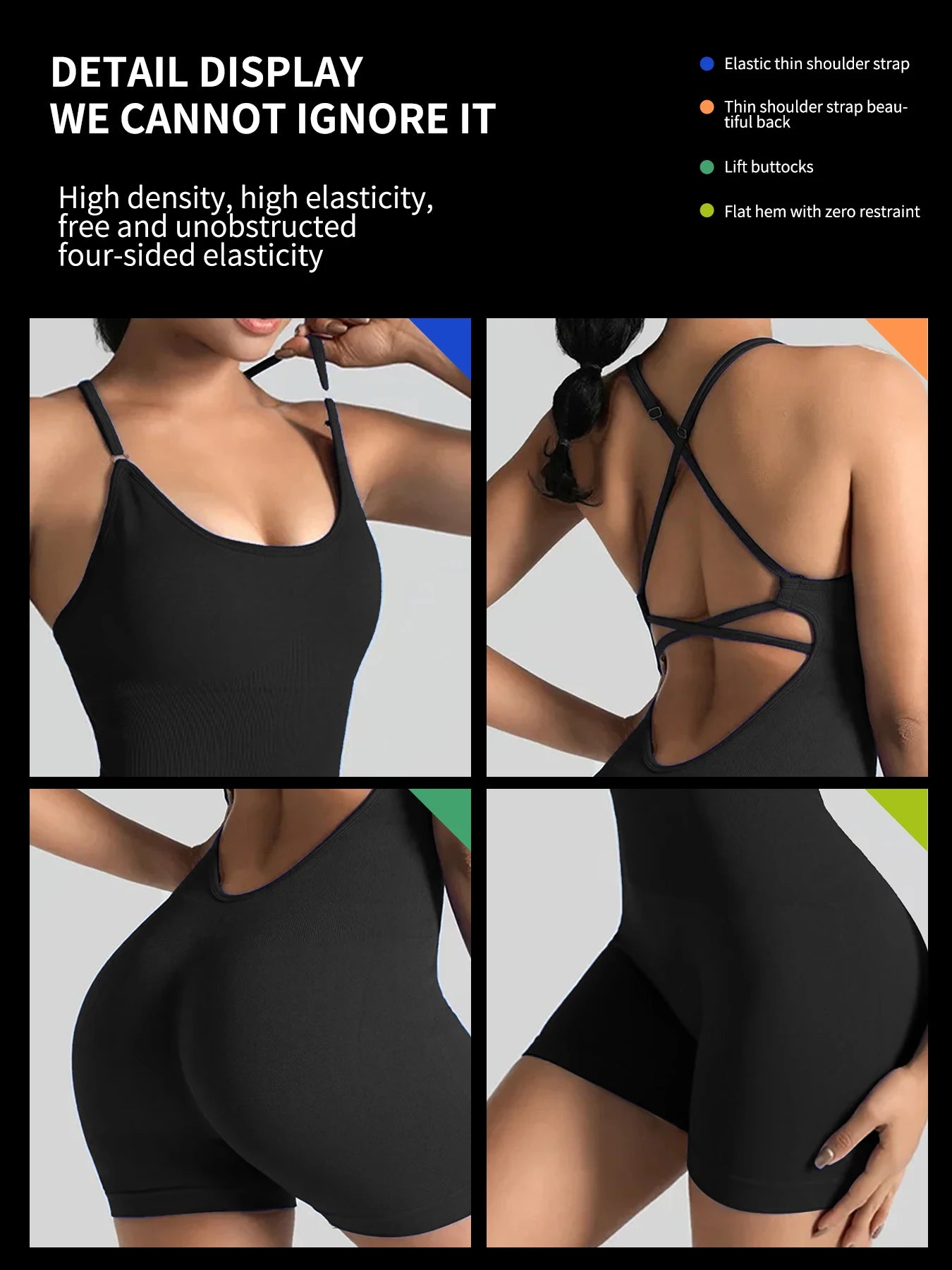 Women's Sexy Fitness Jumpsuit Cross Adjustable Sports Playsuit One Piece Yoga Suit with Scrunch Shorts And Backless Design