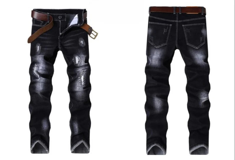 Motorcycle Trendy Straight Men's Jeans Elastic Washed Fashion Streetwear Denim Pants Embroidery Hip-Hop Trousers (Without Belt)