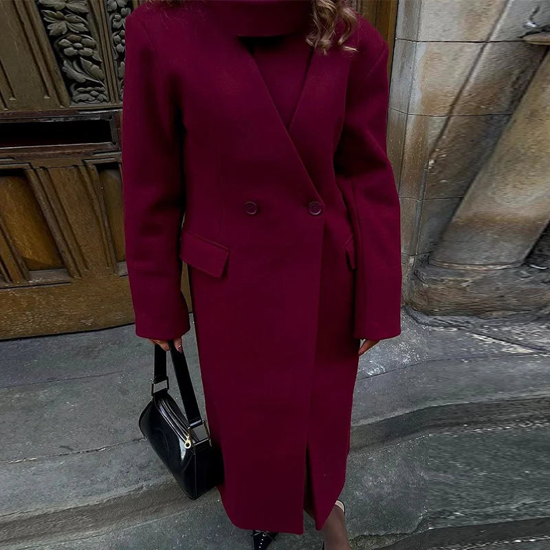 Wine Red Woolen Coats With Scarf Women Elegant Full Sleeve Double Breasted Long Overcoat 2025 Autumn Winter New Lady Streetwear