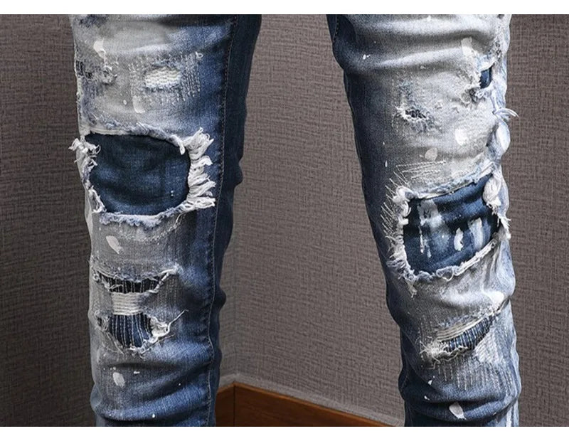 Retro Style Men's Slim Fit Jeans Distressed Hole Design Elastic Casual Long Pants Youth Trendy Street Style Straight Leg Jeans