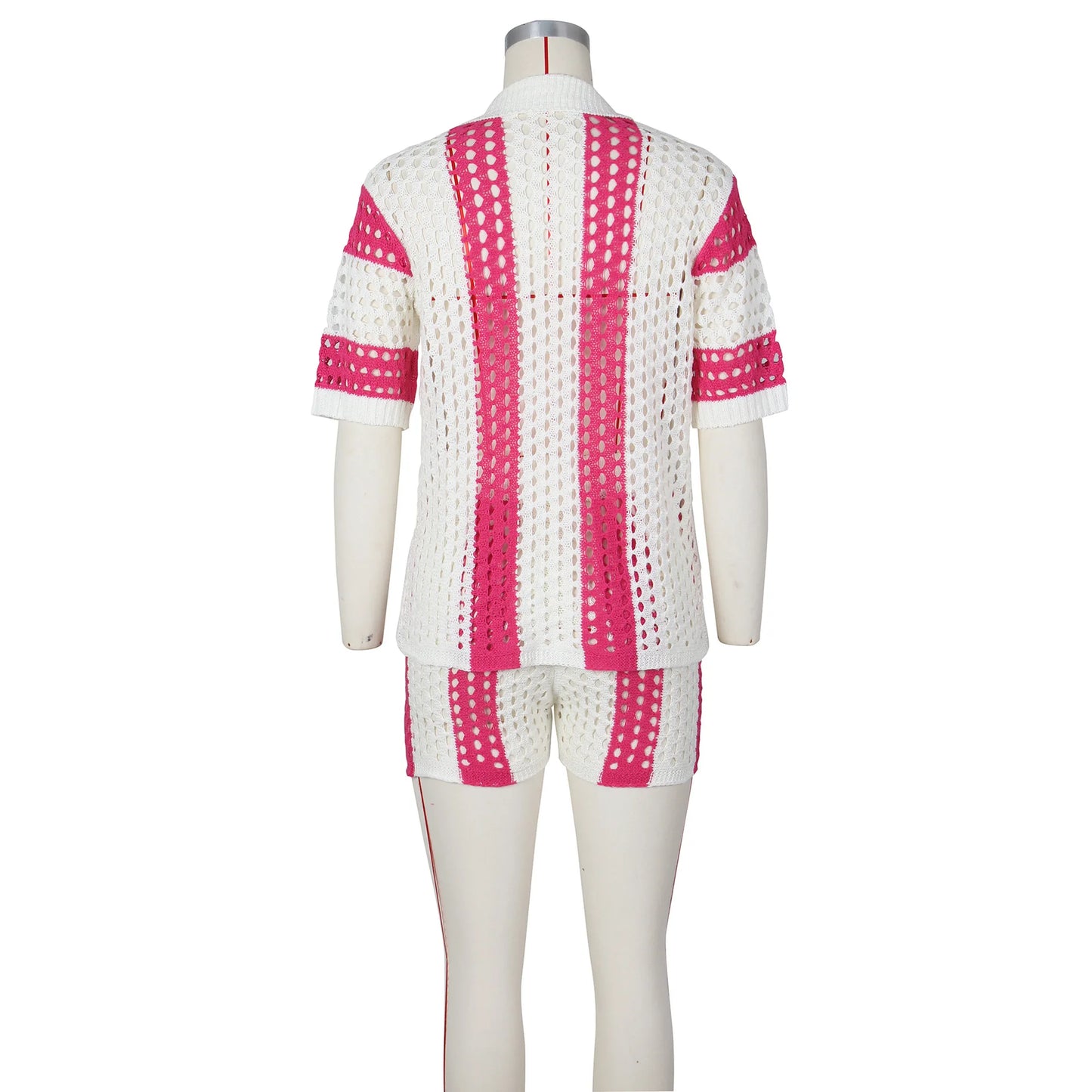 Women's Two Pieces Set Knit Ribbed Crochet Patchwork Outfits Short Sleeve Shirt Sweater Short Suit  Two Set Outfit Tracksuit