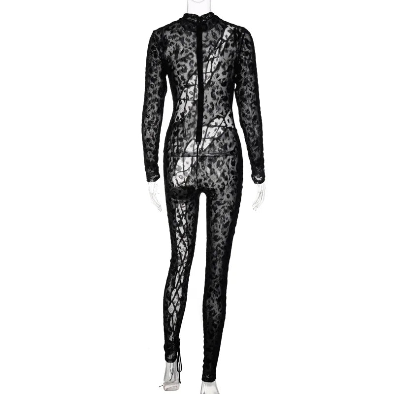 Skinny Hollow Out Cross Bandage Patchwork Jumpsuits Women Leopard Print Retro Fashion Sexy Cleavage Bodycon Party Clubwear Hot