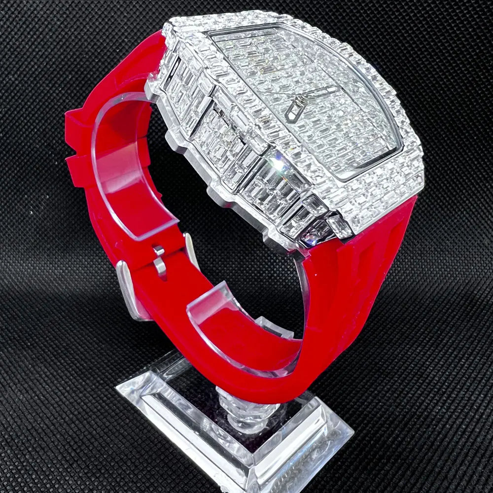 Luxusmarke Herrenuhr Mode Einzigartige Tonneau Uhren Diamant Blingbling Zifferblatt Wasserdicht Gummiband Armbanduhr Heißer Verkauf Geschenk