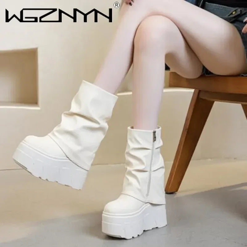 14CM New Ankle Booties Shoes Natural Microfiber Leather Boots 2025 Winter Women Motorcycle Boots Platform Ladies Fashion Botas
