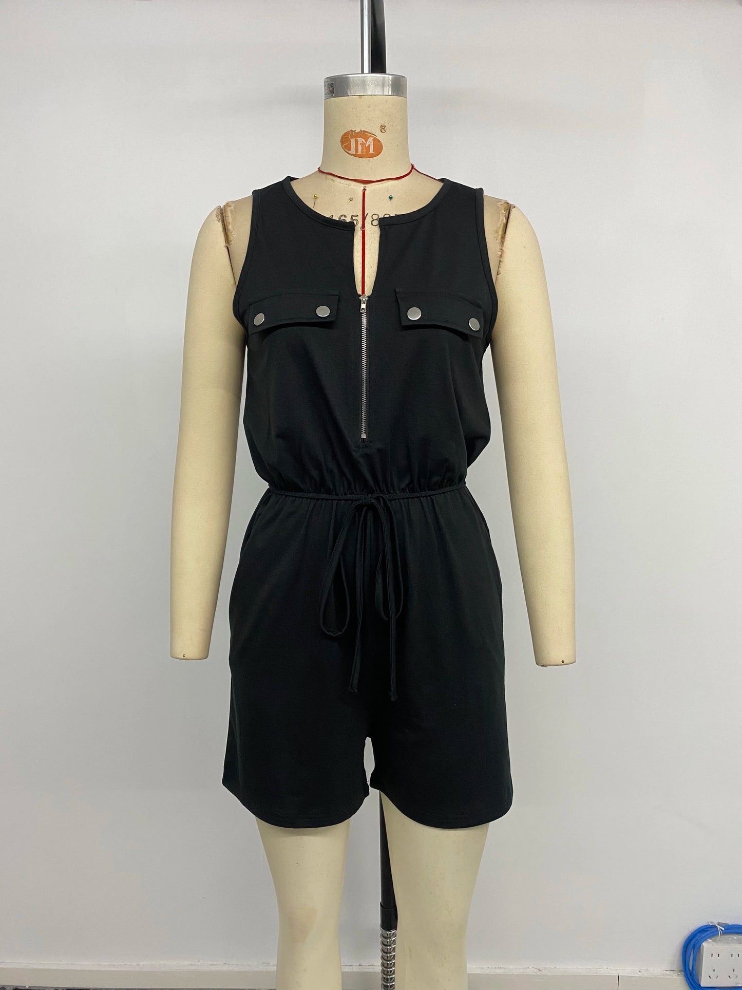 Womens Black Sleeveless Notch Neck Zip Front Drawstring Waist Romper Fashion Comfortable Summer Casual Daily Playsuit