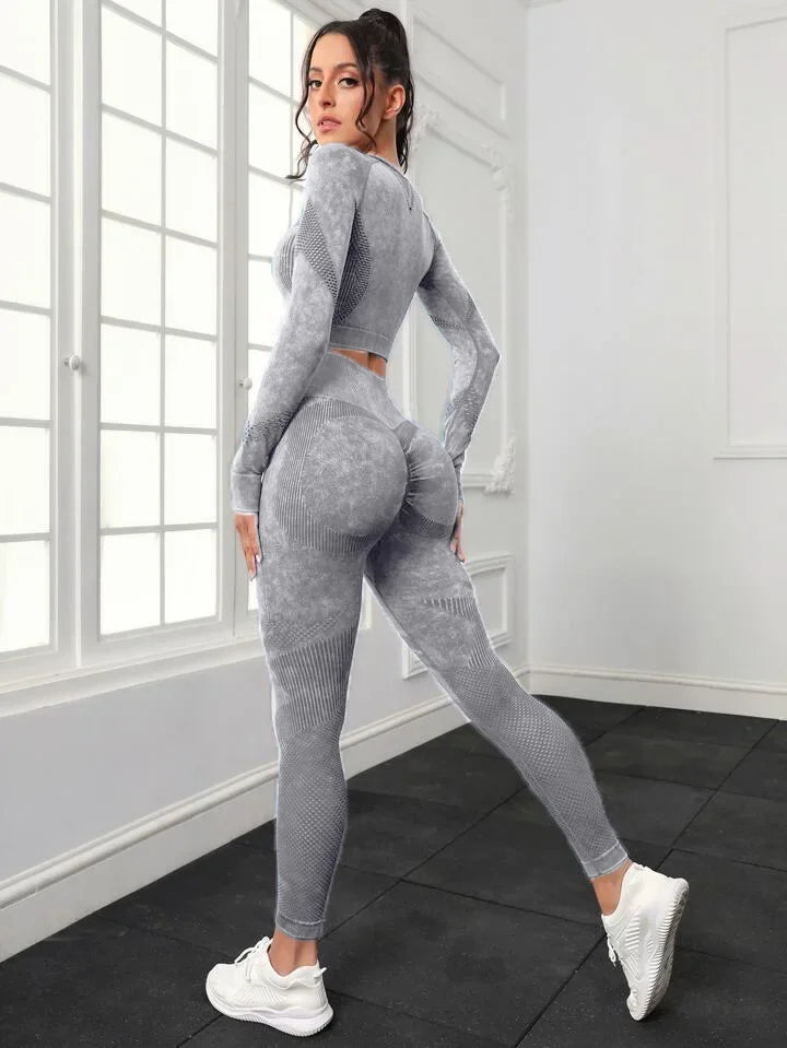 Mileegirl 2pcs Gym Sets Women Seamless Sports Pants Hollow Out Long sleeves Top Fitness Winter Fall Workout Legging Warm Outifts