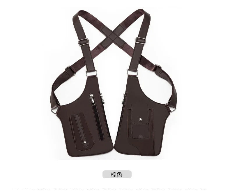 Luxury Design Men's Tactical Vest Bag High Quality PU Leather Man Chest Bag Phone Pouch Vintage Design Underarm Back Pack Bags