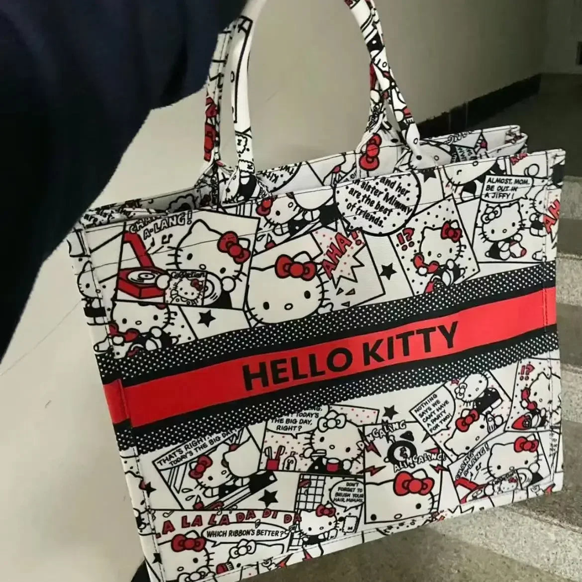 Miniso Sanrio Hello Kitty Canvas Tote Bag for Women Cute Cartoon Large Capacity Shopping Bag Commuter Handbag My Melody Bags