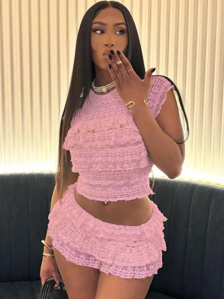 Joskaa Sexy Tierred Women 2 Piece Set Apricot Ruffles Tank Top and Shorts Skirts Matched Midnight Party Club Outfits Summer 2024