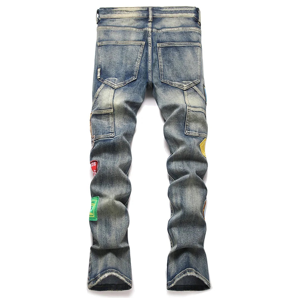 Men's Badge Patch Boot Cut Jeans Rivet Vintage Retro Blue Stretch Denim Pants Streetwear Slim Flared Trousers