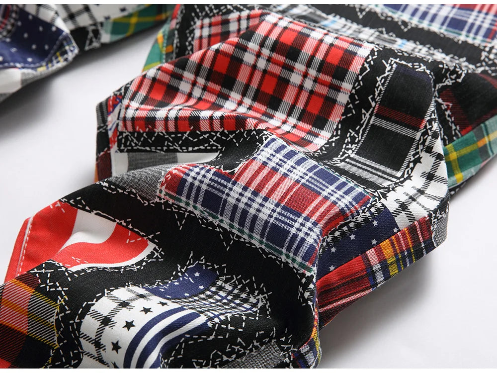 Männer Plaid Digital Print Jeans Mode Patches Patchwork Stretch Denim Hosen Schlank Gerade Hose