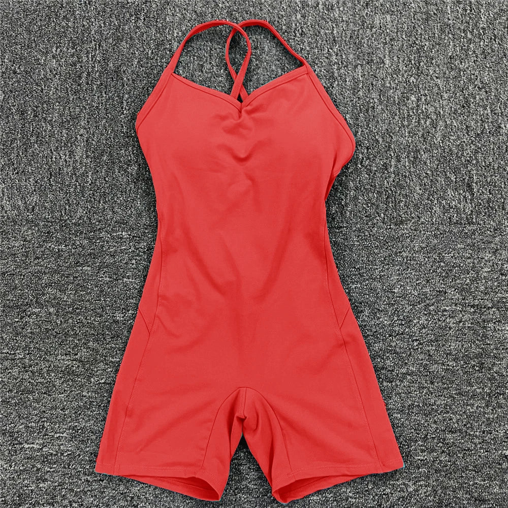 Rückenfreier Sportanzug für Damen, 2023, Lycra, Fitness-Overall, einteiliger Overall, Shorts, Sport-Outfit, Fitnessstudio, Trainingskleidung für Damen, Sportbekleidung