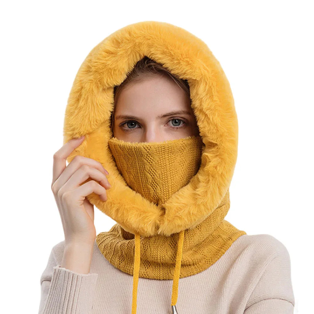 Winter Warm Beanie Hats Mask Scarf Ring Balaclava Hooded Pullover Knitted Hat One Piece Drawstring Hooded Outdoor Keep Warm Caps
