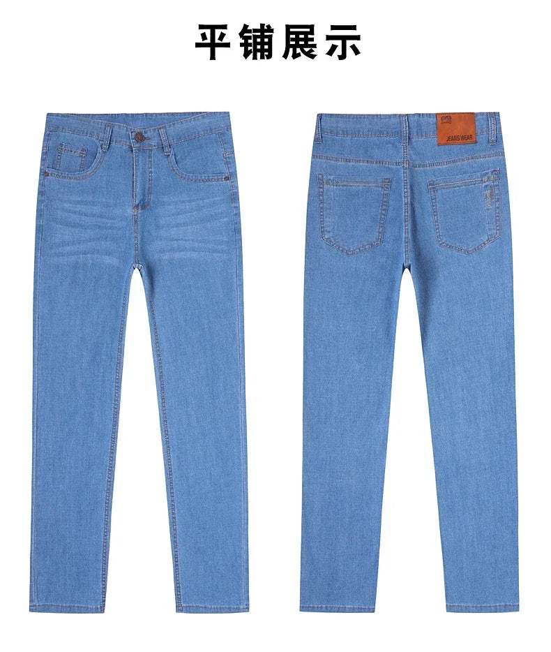 Business Thin Denim Jeans for Men Straight Stretch Cotton Work Pants Business Casual Lightweight Trousers Spring Autumn Workwear