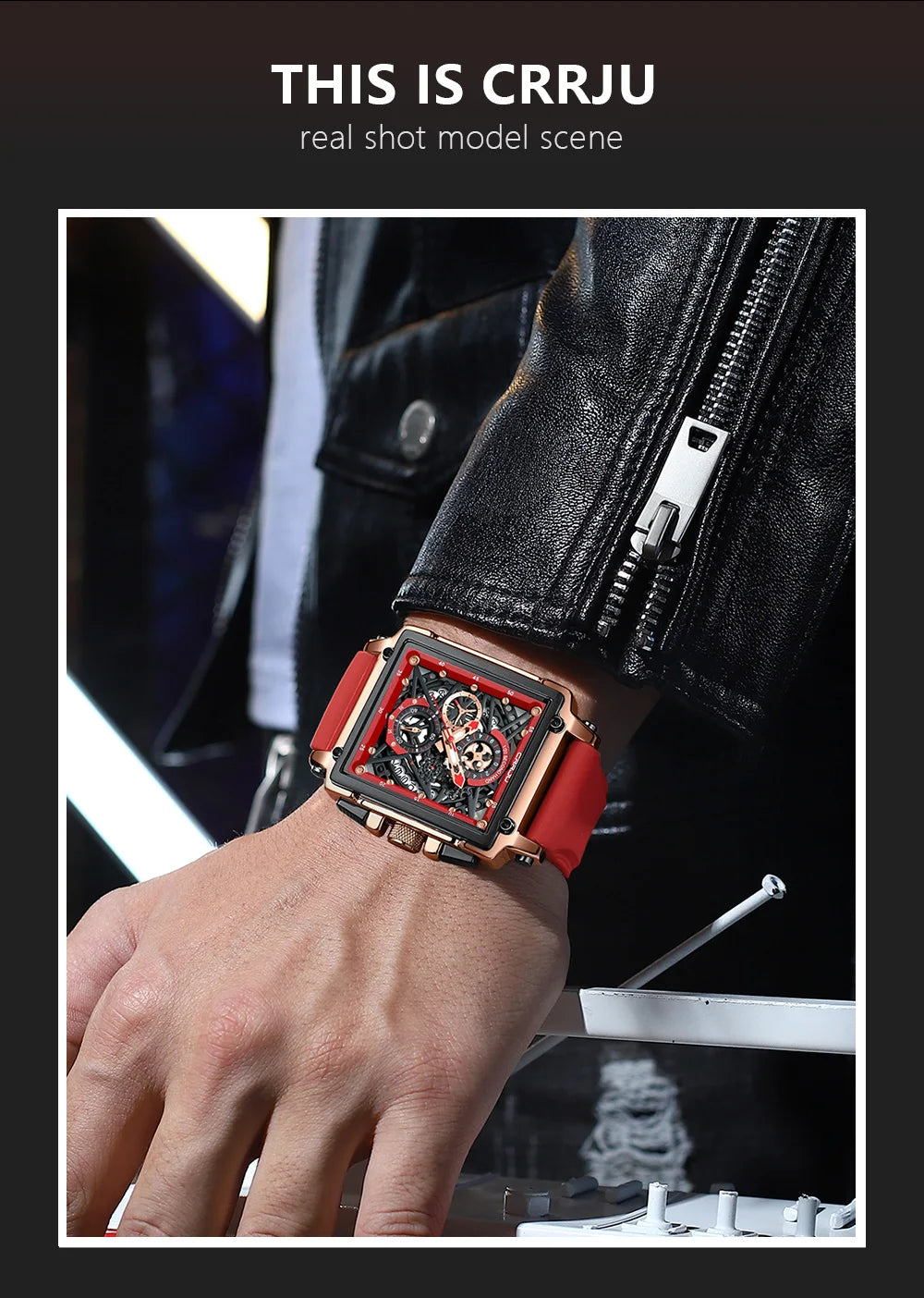 CRRJU Modische Sportuhren mit großem Zifferblatt, einzigartiges rechteckiges, hohles Design, Quarz-Armbanduhren mit Chronograph, automatisches Datum