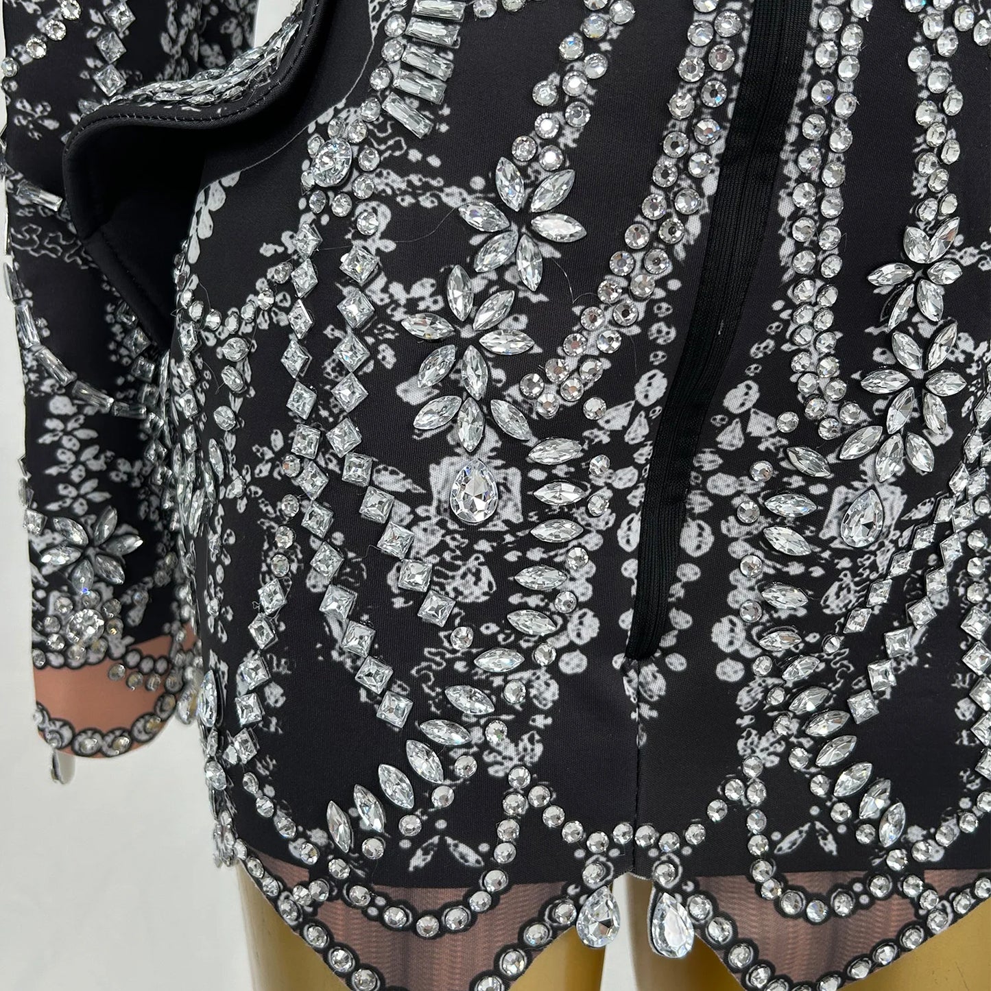 Fashion Crystal Rhinestones Short Dress Deep V Black Club Party Birthday Performance Drag Queen Costume