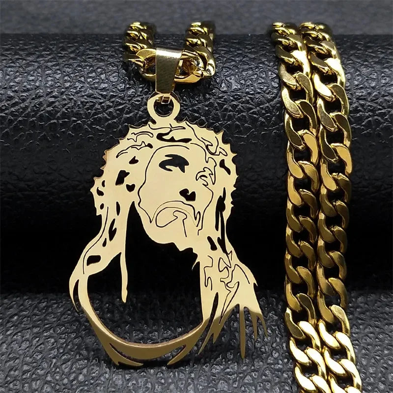 Hip Hop Punk Crown of Thorns Jesus Cross Necklace for Men Stainless Steel Gold Plated Crucifix Pendant Necklaces Jewelry N8052