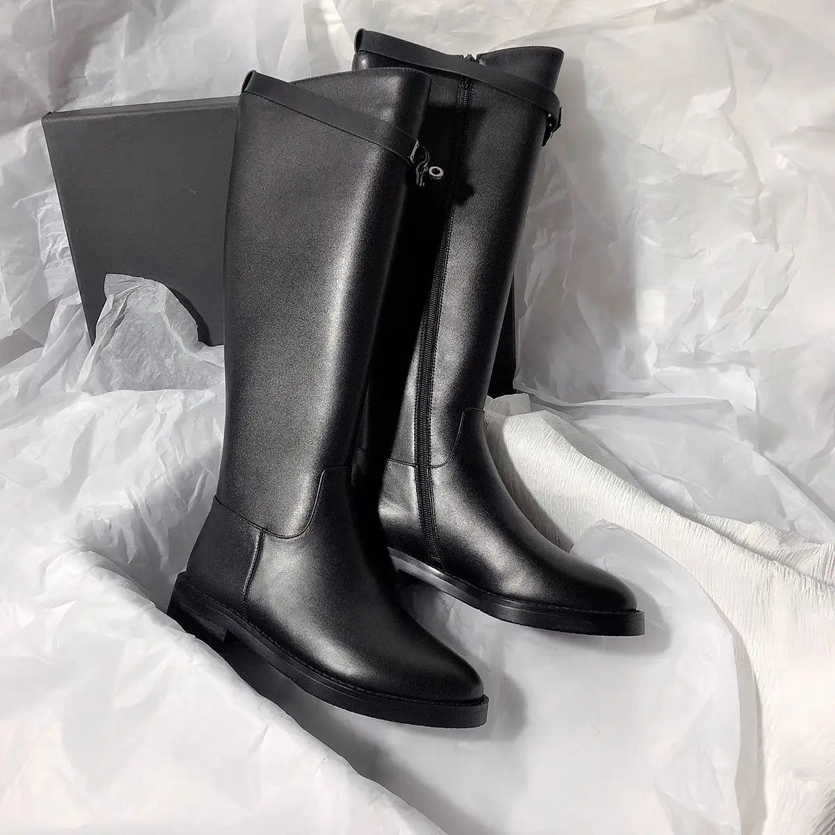 Black Elegant with Low Heels Round Toe Ladies Knee High Shaft Shoes Autumn Winter Fleece-Lined Gothic Leather Women's Long Boots