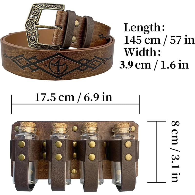 1PC/2pcs medieval Pu leather belt and 4 Cork vials set fantasy witch potion bottle belt relief alchemy Halloween LARP