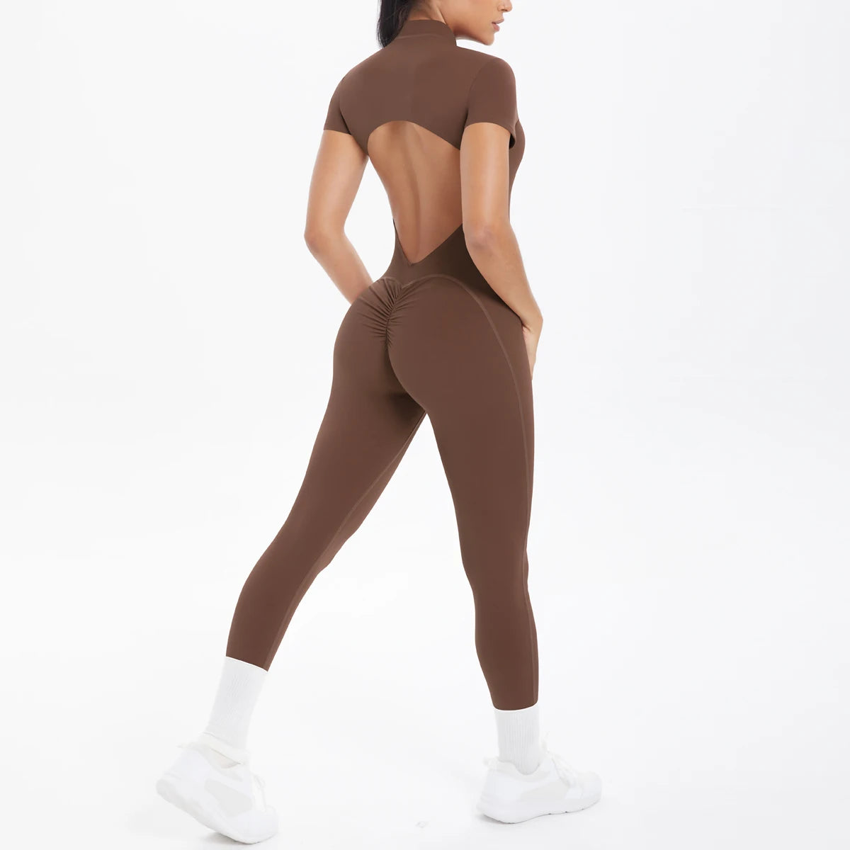 Short Sleeved Fitness Jumpsuit for Woman Bodysuits Backless Solid Color Scrunch One-Piece Suit Half Zipper Gym Yoga Sets Womens