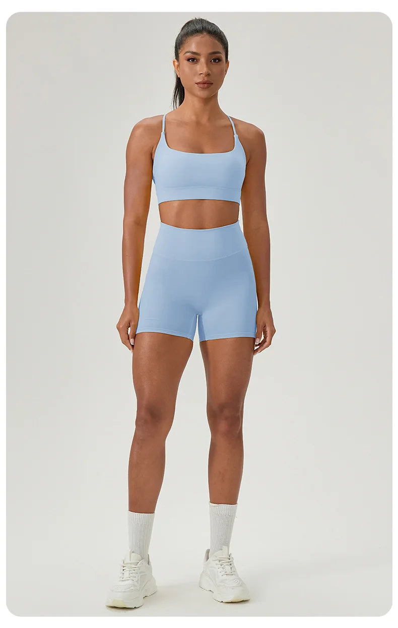 Yoga suit set, sexy back, sports bra, high waist, hip lifting, tight shorts, running and fitness two-piece set Women' Yoga sets