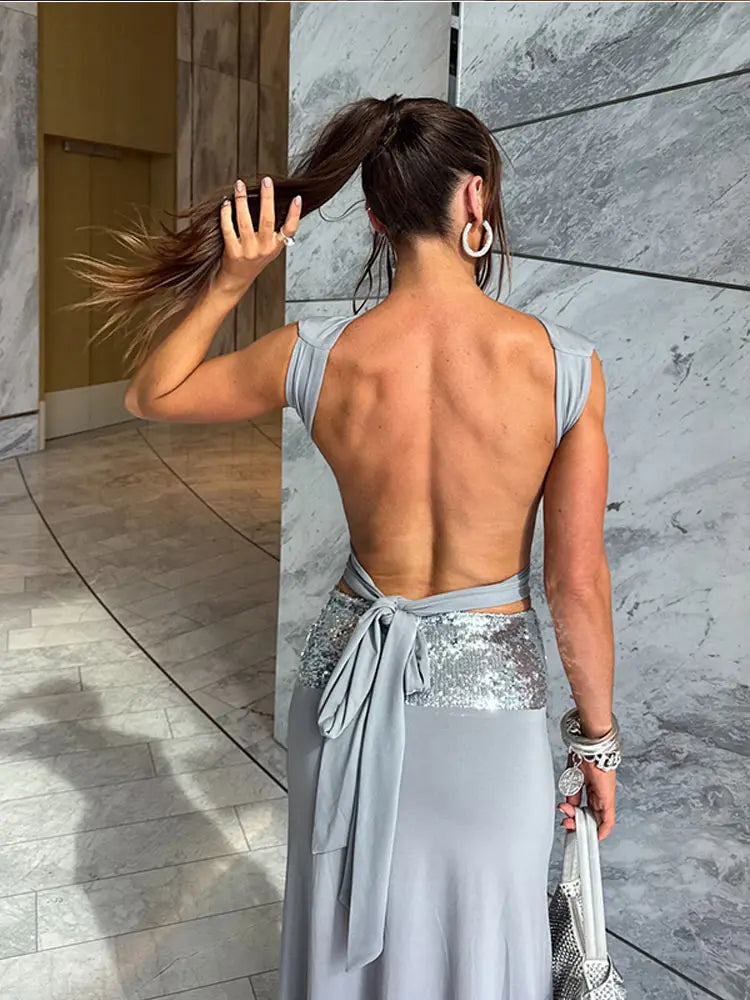 Sexy Lace Up Long Skirt Two Piece Set Sleeveless Backless Top Matching Cinched Waist Skirts Lady Birthday Christmas Evening Suit