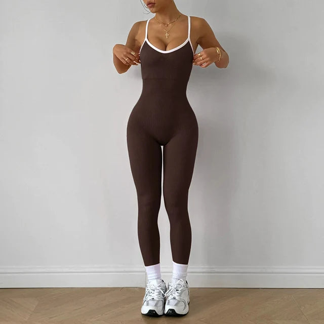 Seamless Yoga Jumpsuit Women Gym Set Spaghetti Strap Leisure Workout Gym Leggings Padded Bra One-piece Fitness Bodysuits