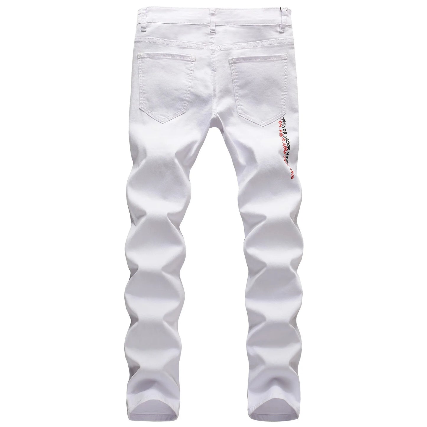 Fashion Embroidery Letters White Skinny Jeans Trousers Men Hip Hop Punk Casual Motorcycle Stretch Ripped Denim Pants Streetwear