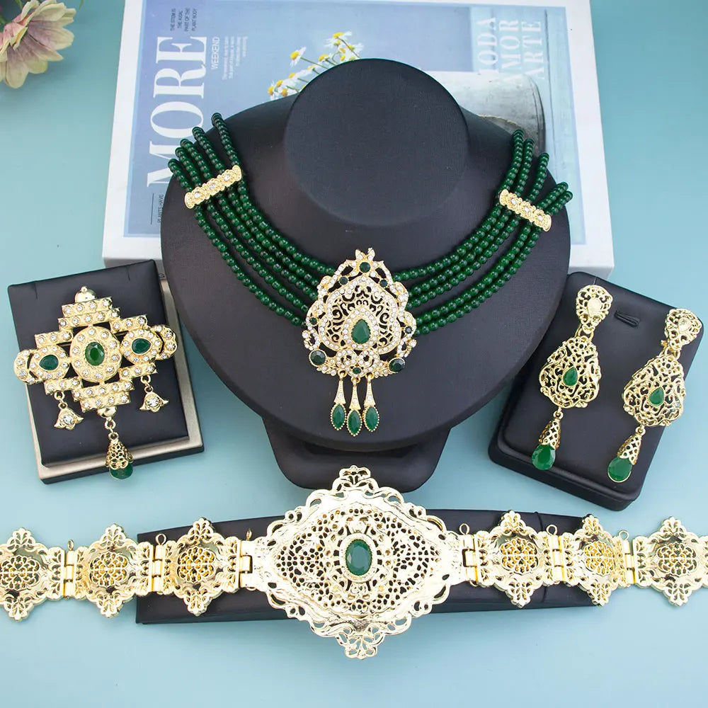 Sunspicems Gold Color Morocco Caftan Belt Waist Chain Women Beads Chain Choker Necklace Long Earring Arab Bridal Wedding Jewelry