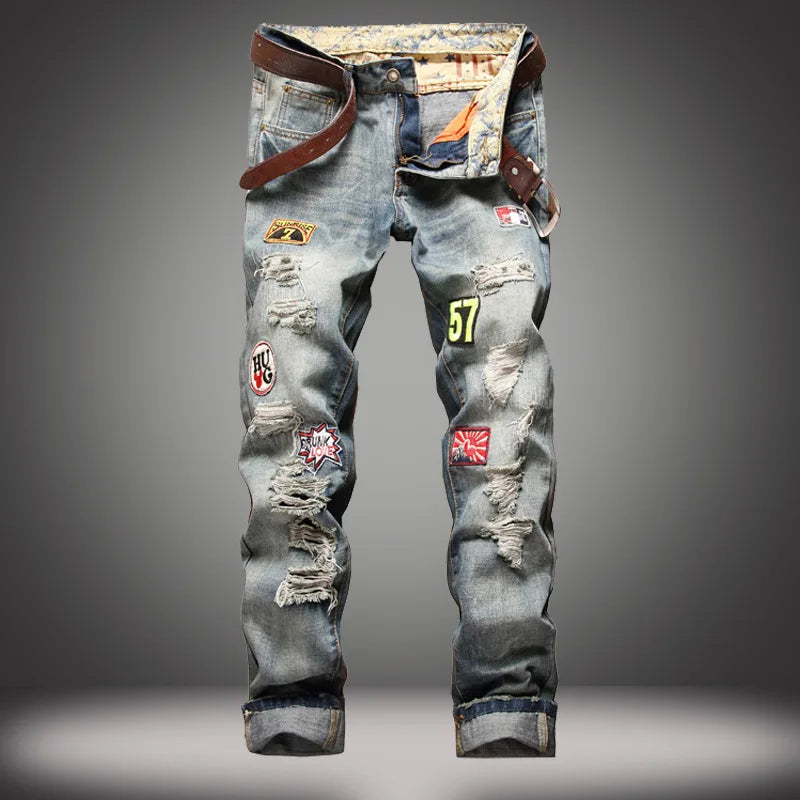 New Men's Hip Hop High Street Motorcycle Jeans Badge Distressed Ripped Denim Trousers Male Non-stretch Straight Slim Fit Jeans