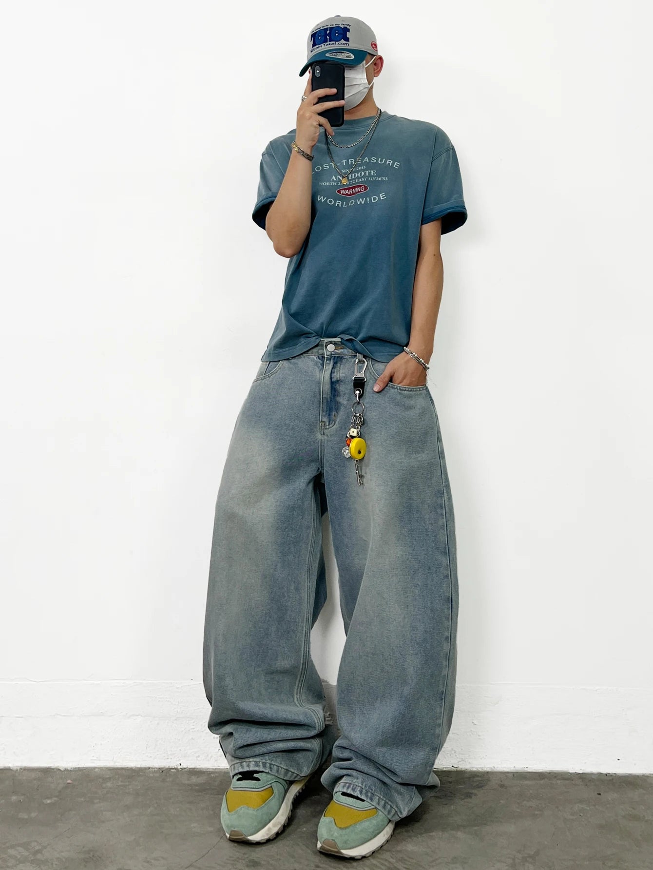 American Retro Dragon Art Embroidery Blue Baggy Jeans Men's y2k Washed Street Hip-Hop Fashion Versatile Straight Wide-Leg Pants