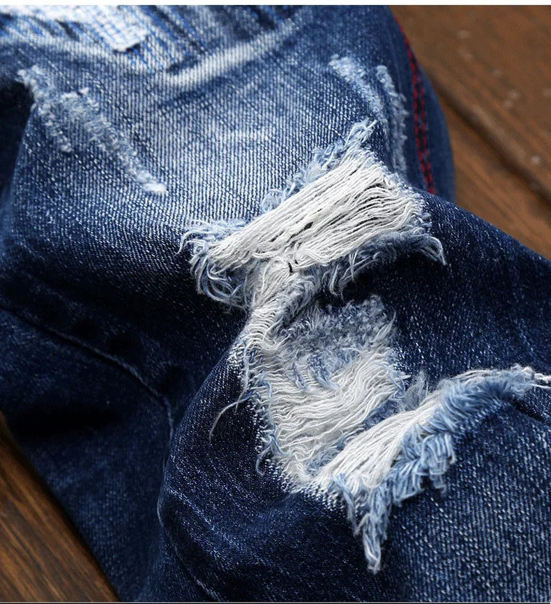 New Men's Ripped Vintage Jeans Straight Denim Trousers Male Distressed Personalized Motorcycle High Street Spliced Jeans Pants