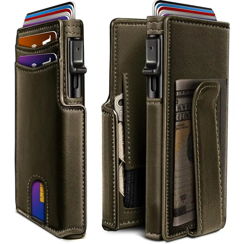 OUIO New Black Leather Wallet For Men Slim Bifold RFID Blocking Wallet With Pop-Up Metal Card Holder Card Sleeves POP UP Wallet