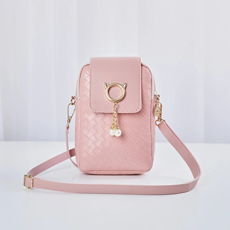1PC Mini Cross-body Mobile Phone Shoulder Bag Women Fashion Woven Pearl Tassel Cover-style Female PU Leather Small Purse Clutch