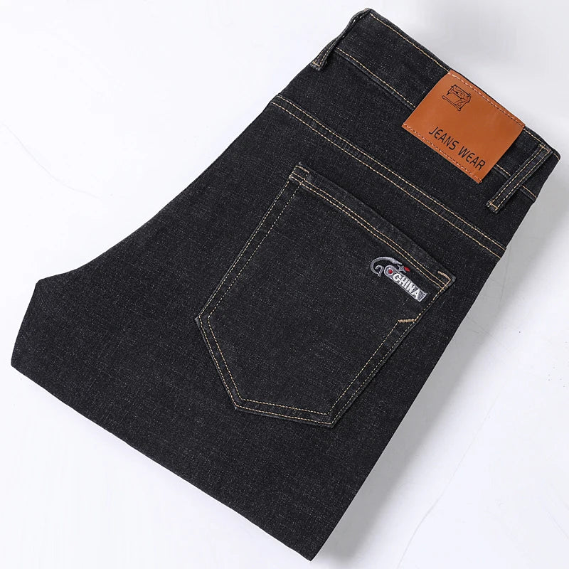 Business Thin Denim Jeans for Men Straight Stretch Cotton Work Pants Business Casual Lightweight Trousers Spring Autumn Workwear