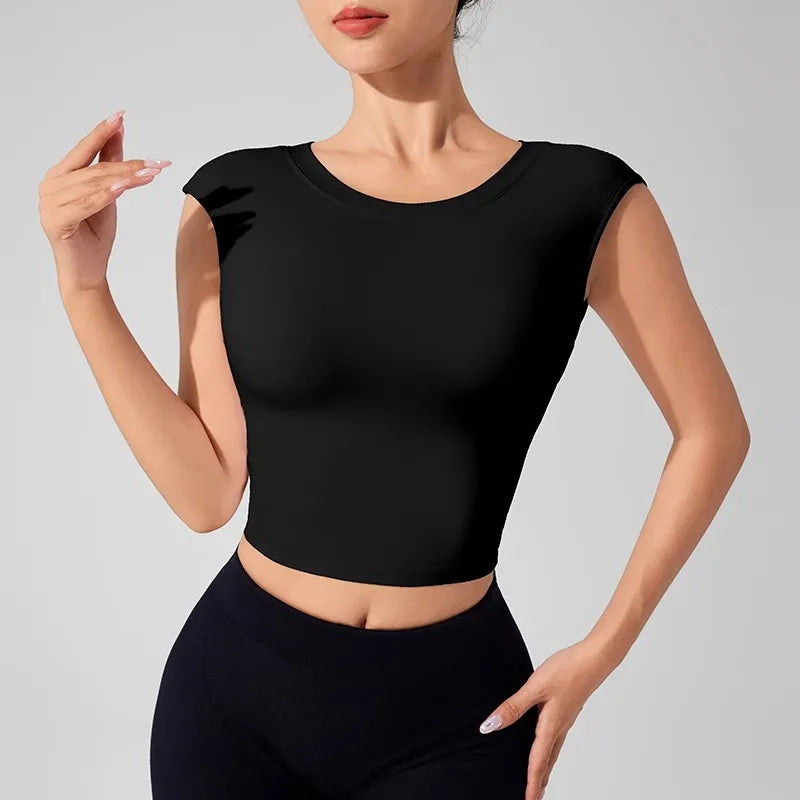 Women's Backless Fitness Clothes with Fixed Chest Pad Beautiful Top Short Sleeve Dance Sport  T-Shirt Yoga Wear