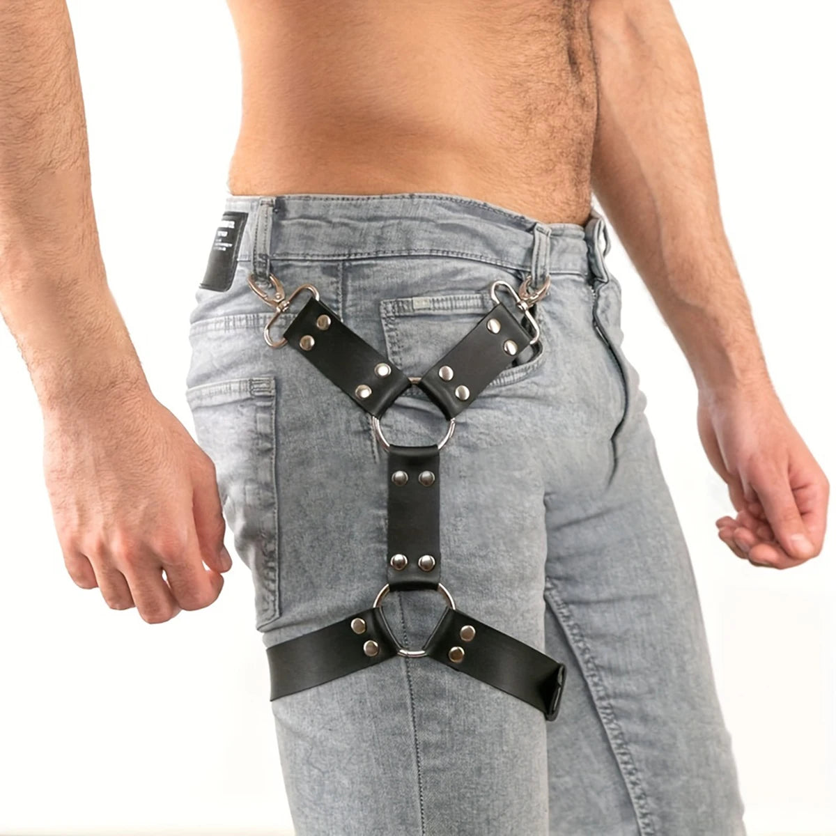 Men Punk Gothic Black PU Leather Waist‑Thigh Body Harness, Adjustable Straps Decor Accessory for Rave Festival Halloween Club