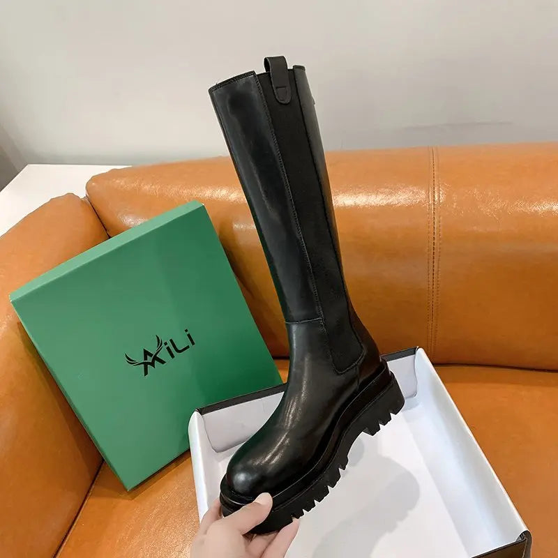 New Platform Women Knight Long Boots Fashion Warm Fur Shoes Autumn Winter Square Heels Ladies Knee High Boots Zapatos Mujer