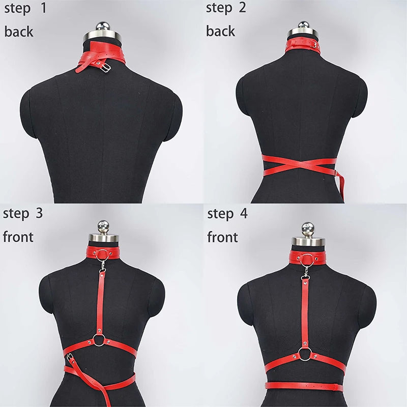 Red Leather Collar Adjustable Waist Cinching Strap Punk Gothic Style Women's Belt Sexy Accessory Adult Sexual Restraint Sling
