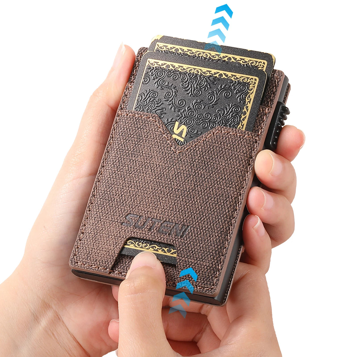 SUTENI Faux Leather Card Slot Wallet Flip Cover Unisex Card Box Pressing The Button Automatically Ejects The Card